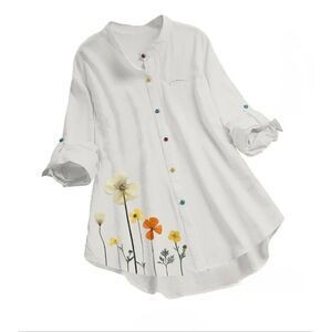 CAMISA White Cotton Blend Roll Sleeve Floral Print Blouse-XXL